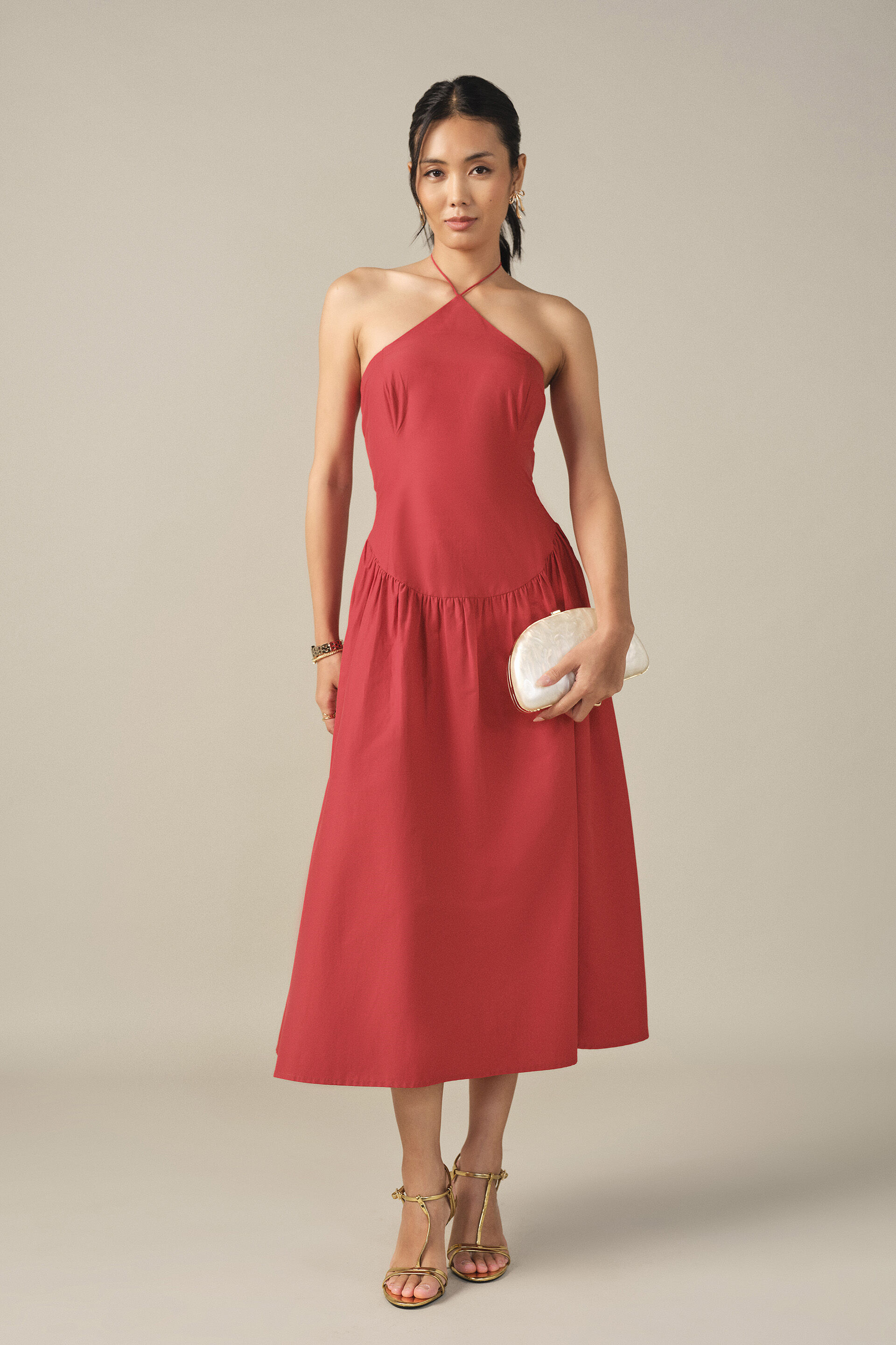 Halter Neck Drop Waist Midi Dress in Red
